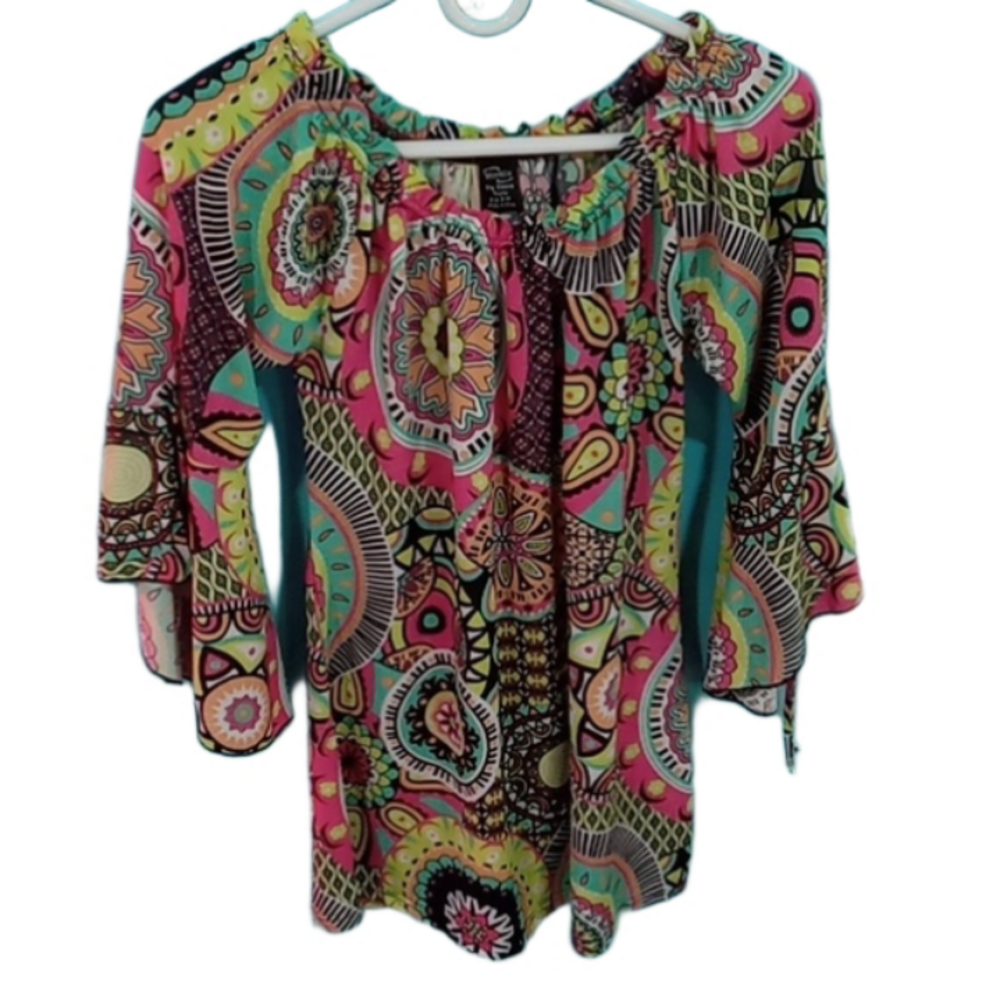 ( 247 )  WINWIN TIE SLEEVE TUNIC SIZE S - M 1960S PSYCHEDELIC ART PRINT